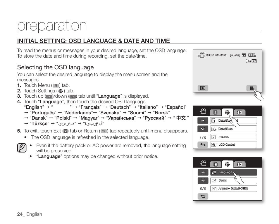 Initial setting: osd language & date and time, Preparation, Selecting the osd language | Samsung SC-HMX10C-XAA User Manual | Page 36 / 124