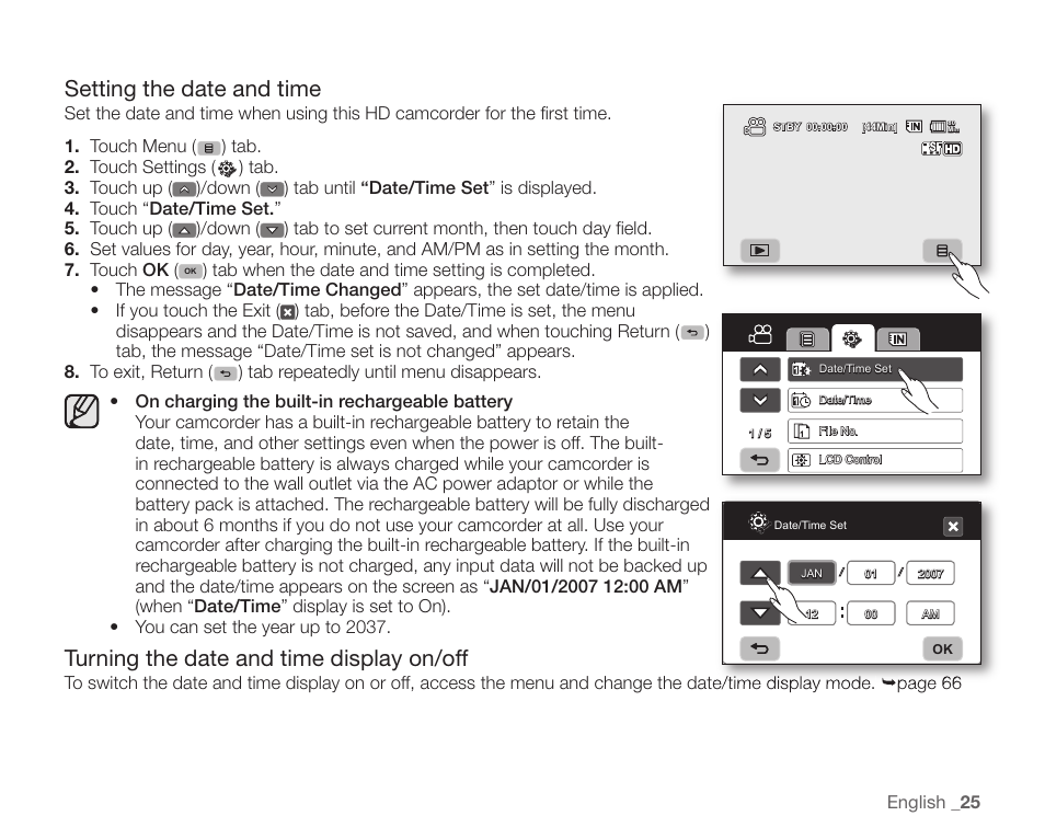 Setting the date and time, Turning the date and time display on/off | Samsung SC-HMX10C-XAA User Manual | Page 37 / 124