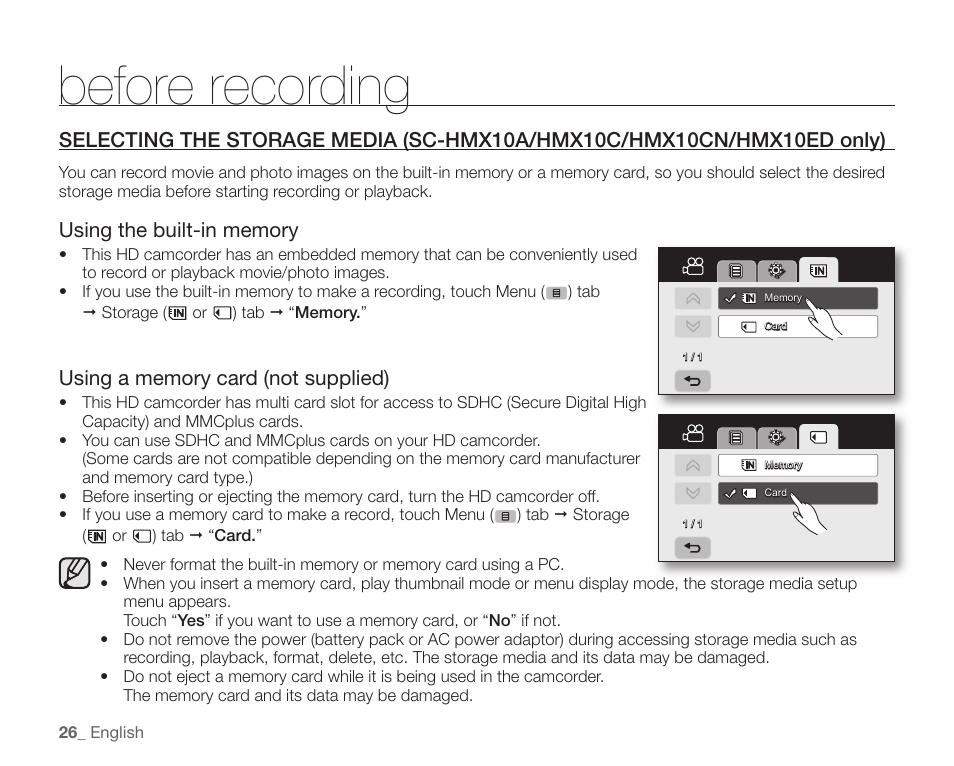 Before recording | Samsung SC-HMX10C-XAA User Manual | Page 38 / 124