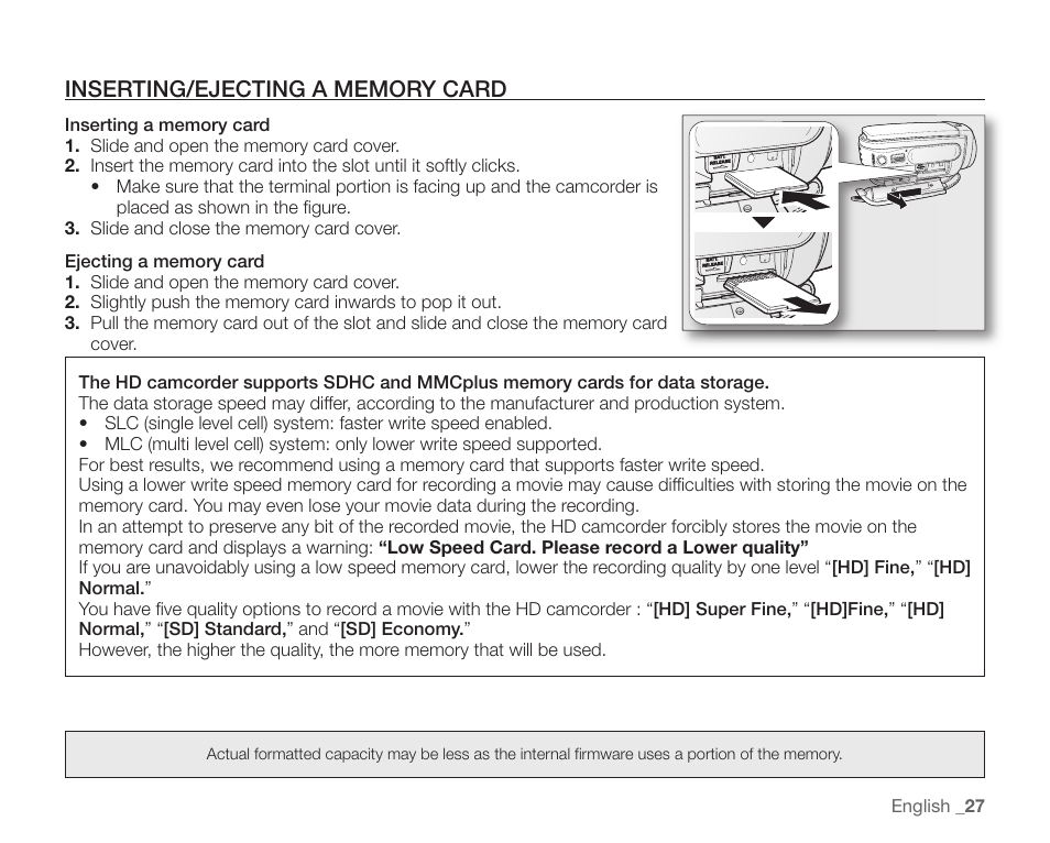 Inserting/ejecting a memory card | Samsung SC-HMX10C-XAA User Manual | Page 39 / 124