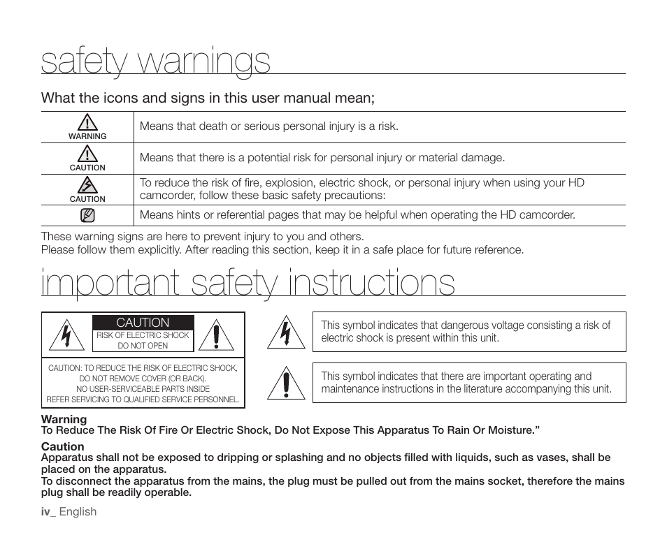 Safety warnings, What the icons and signs in this user manual mean, Important safety instructions | Samsung SC-HMX10C-XAA User Manual | Page 4 / 124