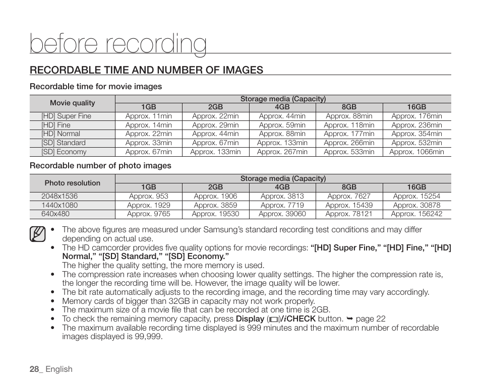 Recordable time and number of images, Before recording | Samsung SC-HMX10C-XAA User Manual | Page 40 / 124