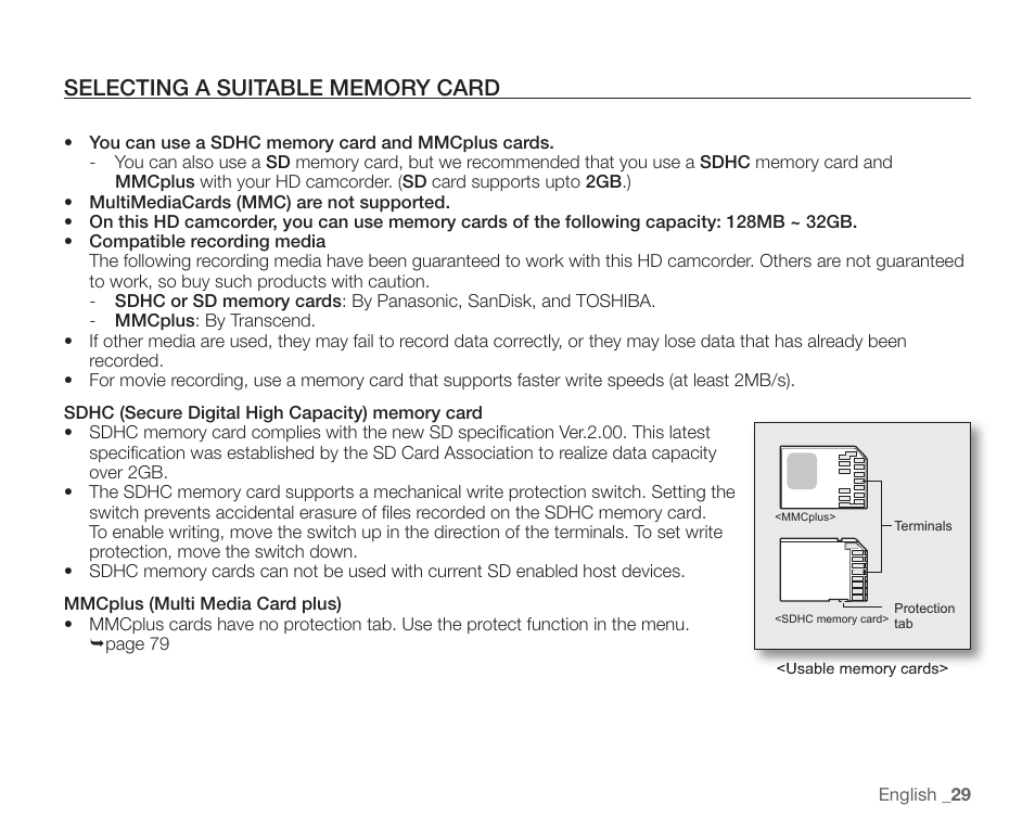 Selecting a suitable memory card | Samsung SC-HMX10C-XAA User Manual | Page 41 / 124