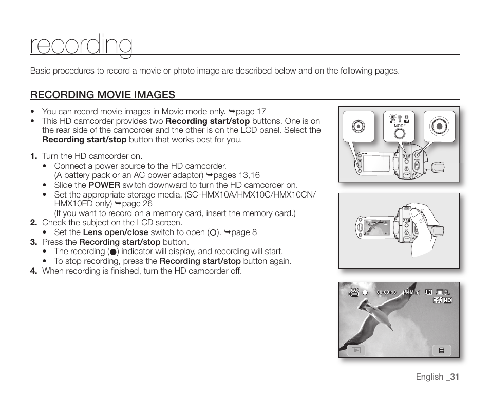 Recording, Recording movie images | Samsung SC-HMX10C-XAA User Manual | Page 43 / 124