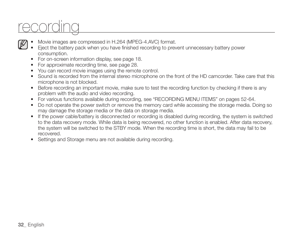 Recording | Samsung SC-HMX10C-XAA User Manual | Page 44 / 124