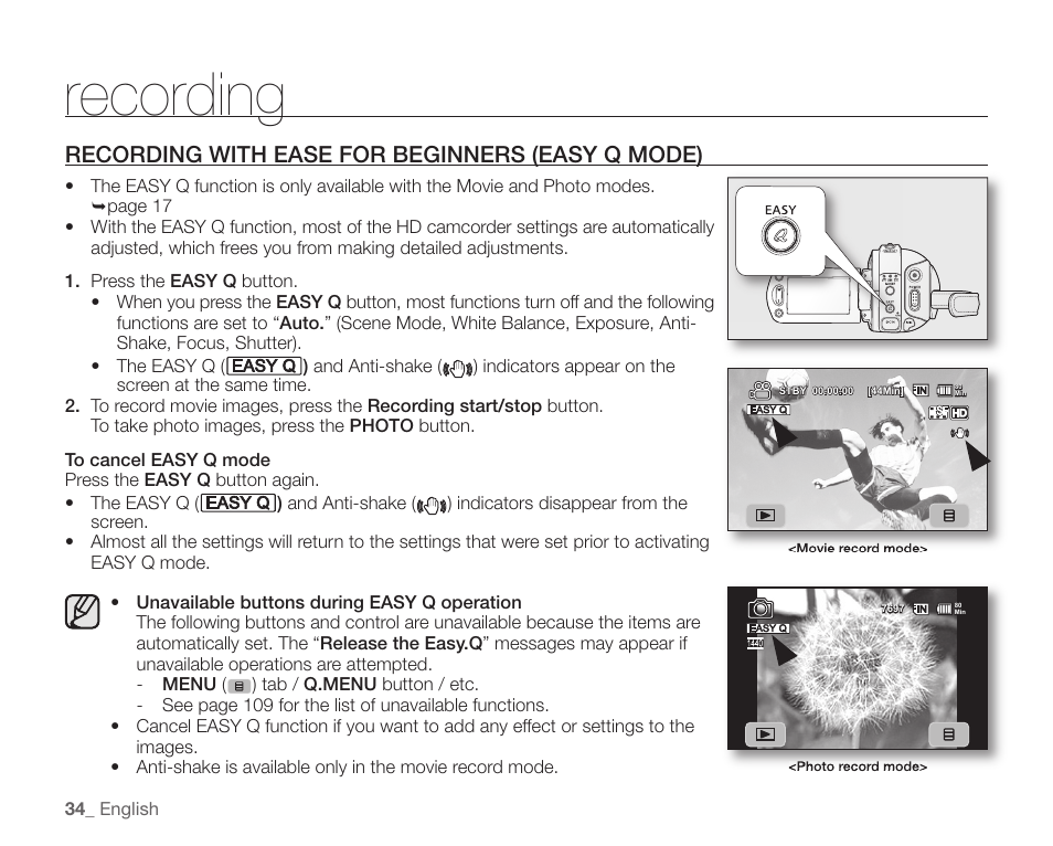 Recording with ease for beginners (easy q mode), Recording | Samsung SC-HMX10C-XAA User Manual | Page 46 / 124