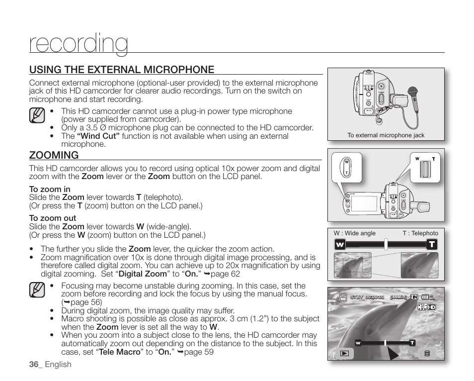 Using the external microphone, Zooming, Recording | Samsung SC-HMX10C-XAA User Manual | Page 48 / 124