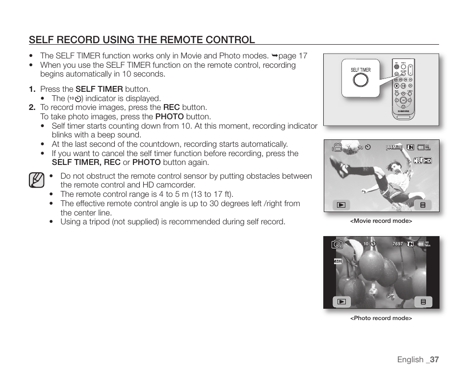 Self record using the remote control | Samsung SC-HMX10C-XAA User Manual | Page 49 / 124