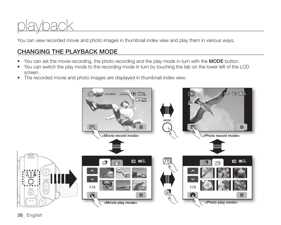 Playback, Changing the playback mode, 38 _ english | Samsung SC-HMX10C-XAA User Manual | Page 50 / 124