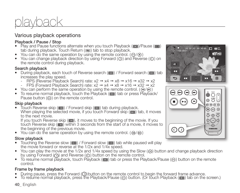 Playback, Various playback operations | Samsung SC-HMX10C-XAA User Manual | Page 52 / 124