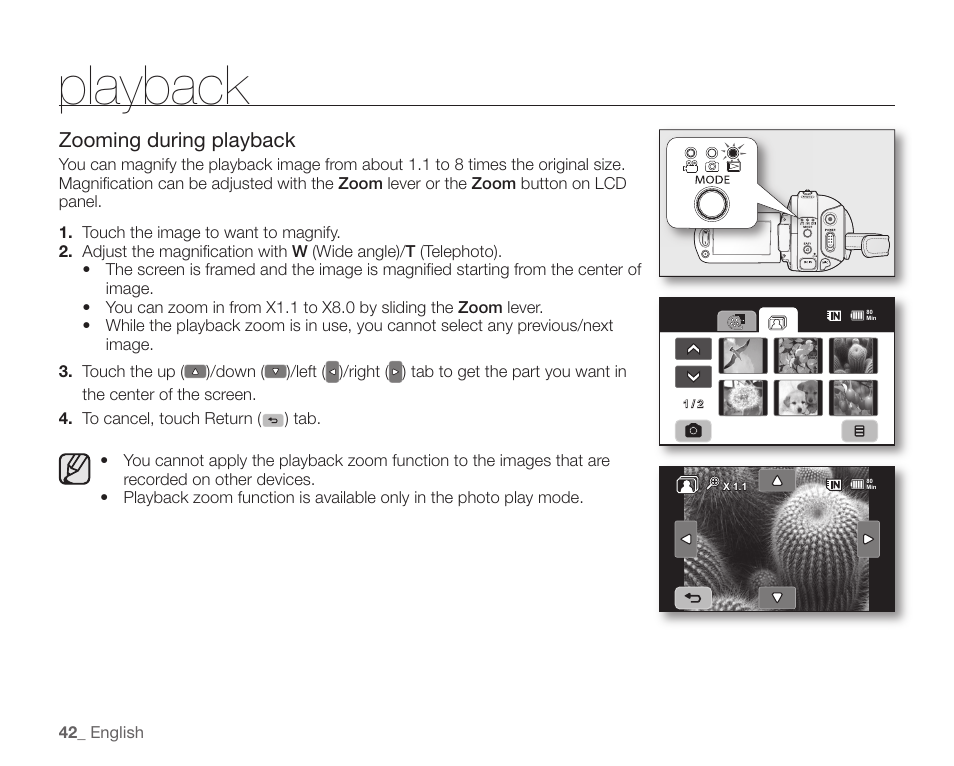 Playback, Zooming during playback | Samsung SC-HMX10C-XAA User Manual | Page 54 / 124