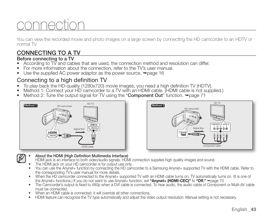 Connection, Connecting to a tv, Connecting to a high definition tv | Samsung SC-HMX10C-XAA User Manual | Page 55 / 124