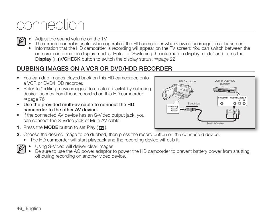 Dubbing images on a vcr or dvd/hdd recorder, Connection | Samsung SC-HMX10C-XAA User Manual | Page 58 / 124