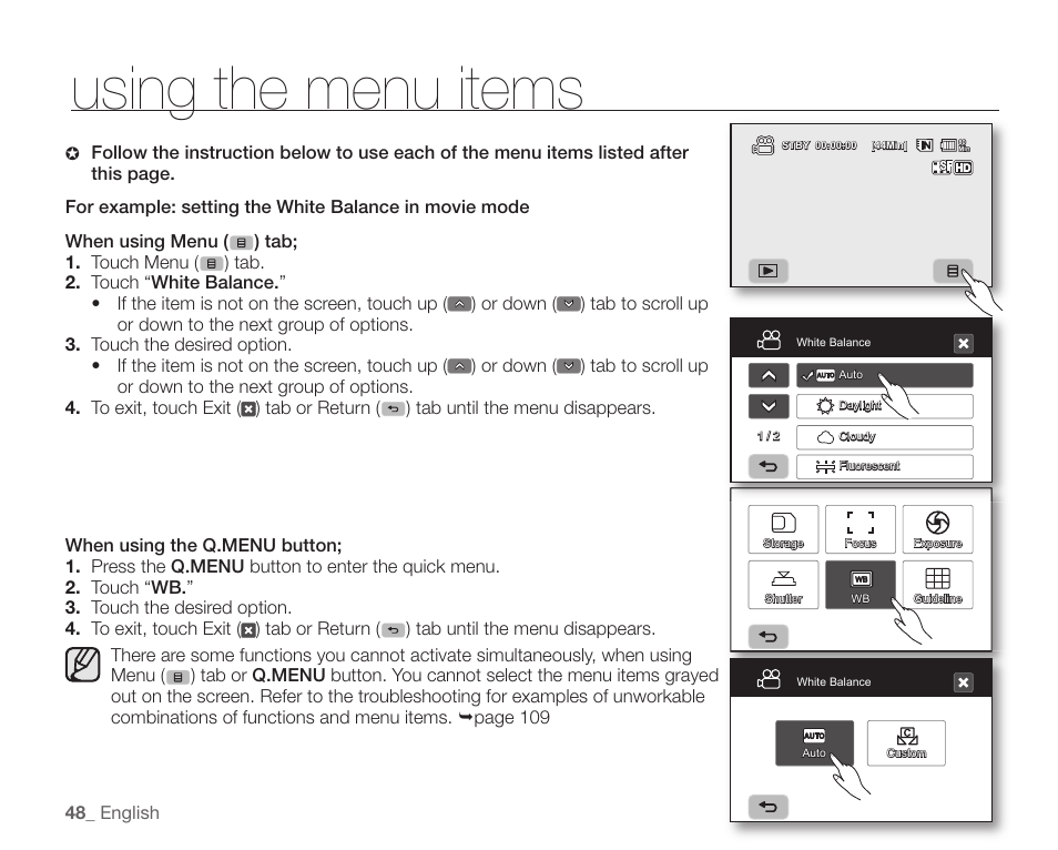 Using the menu items | Samsung SC-HMX10C-XAA User Manual | Page 60 / 124