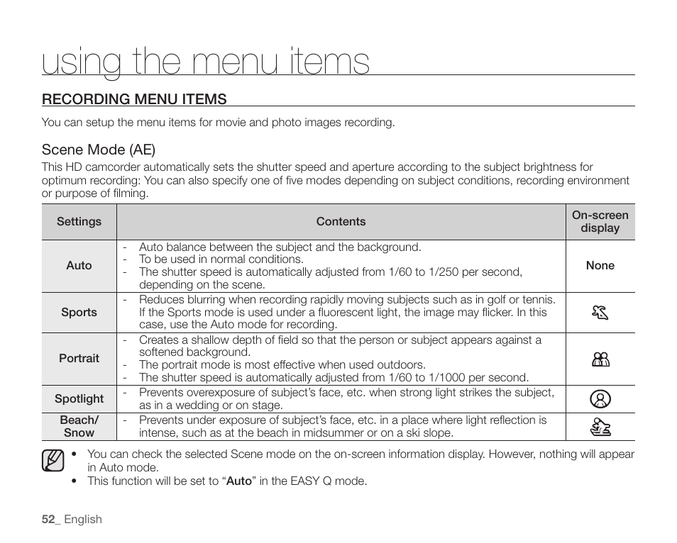 Recording menu items, Using the menu items | Samsung SC-HMX10C-XAA User Manual | Page 64 / 124