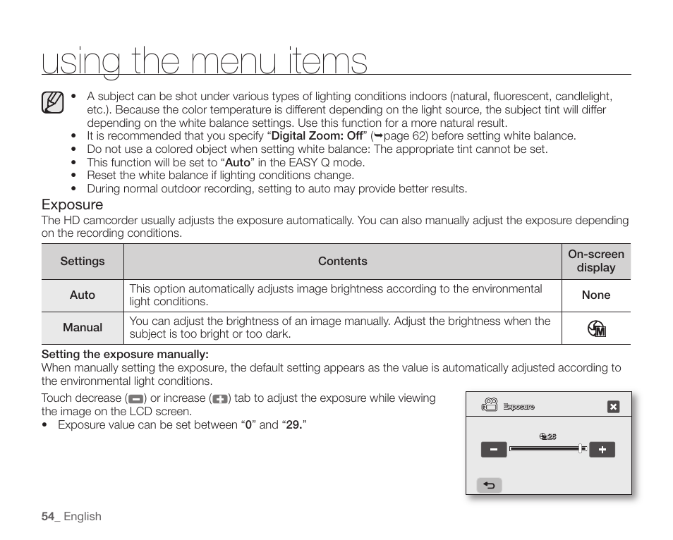 Using the menu items | Samsung SC-HMX10C-XAA User Manual | Page 66 / 124