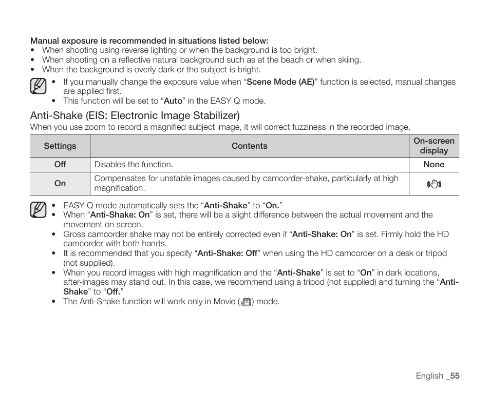 Anti-shake (eis: electronic image stabilizer) | Samsung SC-HMX10C-XAA User Manual | Page 67 / 124