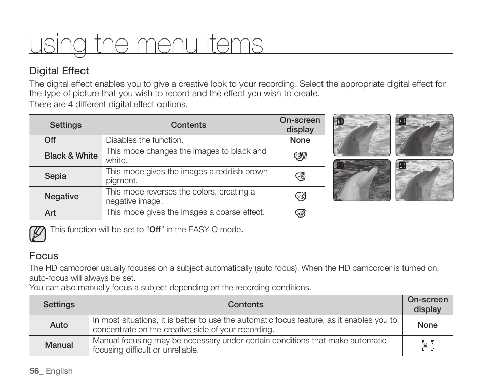 Using the menu items | Samsung SC-HMX10C-XAA User Manual | Page 68 / 124