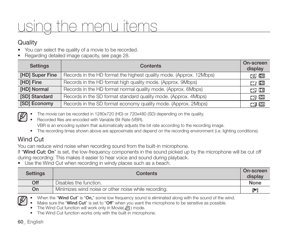 Using the menu items | Samsung SC-HMX10C-XAA User Manual | Page 72 / 124