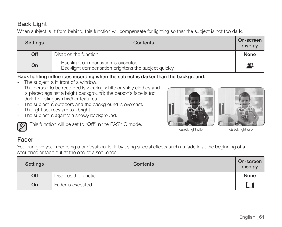 Back light, Fader | Samsung SC-HMX10C-XAA User Manual | Page 73 / 124