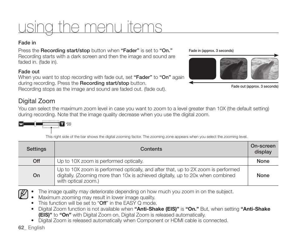 Using the menu items | Samsung SC-HMX10C-XAA User Manual | Page 74 / 124