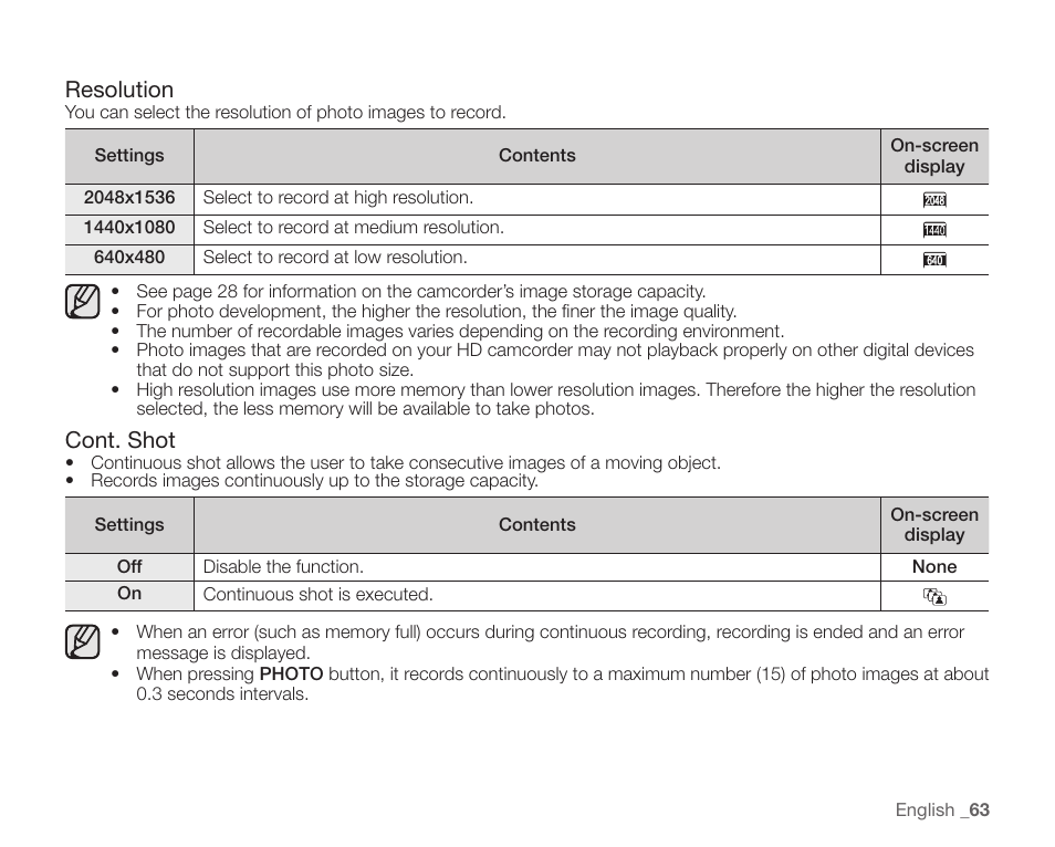 Resolution, Cont. shot | Samsung SC-HMX10C-XAA User Manual | Page 75 / 124