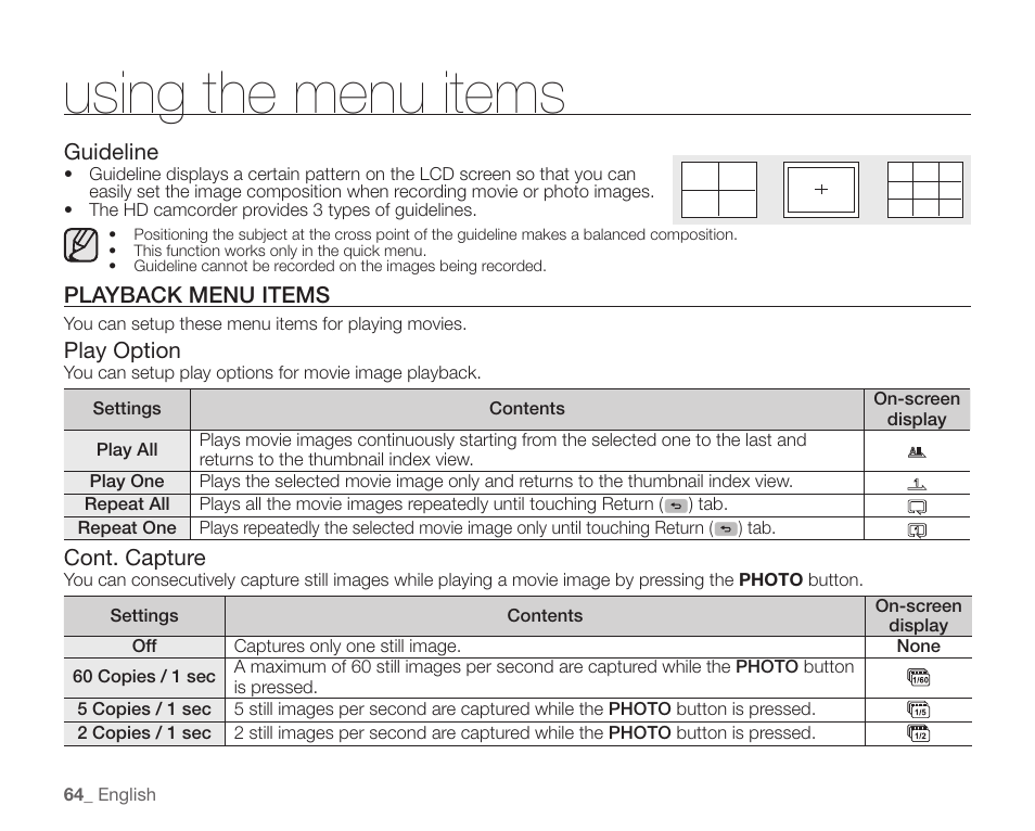 Playback menu items, Using the menu items | Samsung SC-HMX10C-XAA User Manual | Page 76 / 124