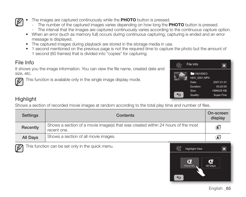 File info, Highlight | Samsung SC-HMX10C-XAA User Manual | Page 77 / 124