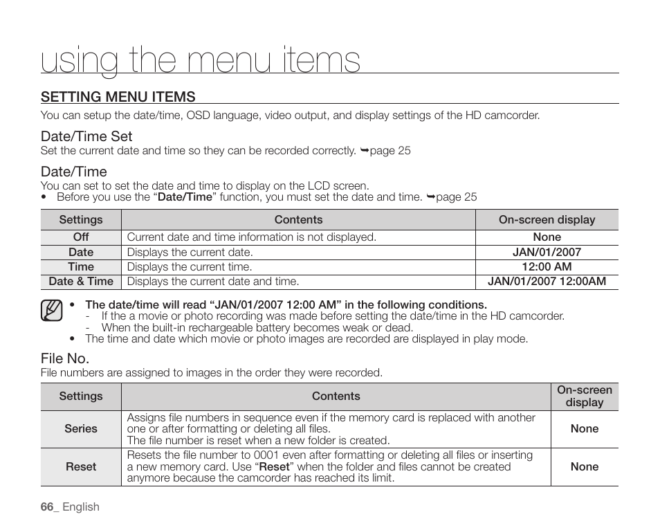 Setting menu items, Using the menu items | Samsung SC-HMX10C-XAA User Manual | Page 78 / 124