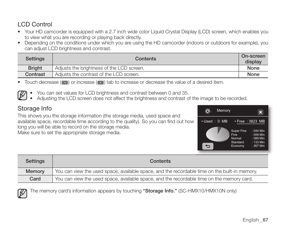 Lcd control, Storage info | Samsung SC-HMX10C-XAA User Manual | Page 79 / 124