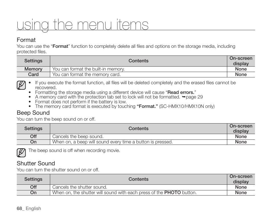 Using the menu items | Samsung SC-HMX10C-XAA User Manual | Page 80 / 124