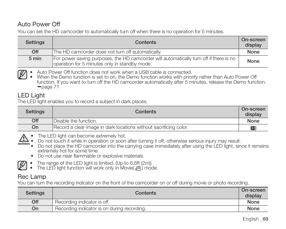 Auto power off, Led light, Rec lamp | Samsung SC-HMX10C-XAA User Manual | Page 81 / 124