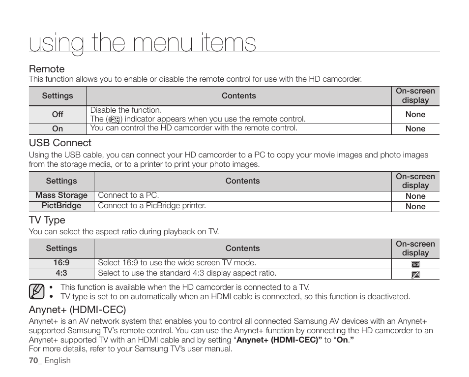 Using the menu items | Samsung SC-HMX10C-XAA User Manual | Page 82 / 124