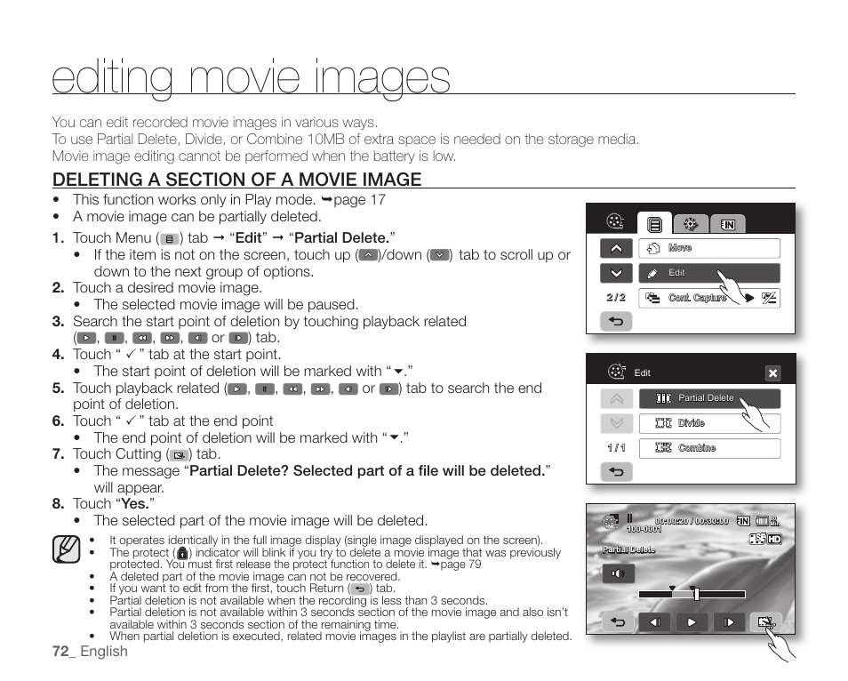 Editing movie images, Deleting a section of a movie image | Samsung SC-HMX10C-XAA User Manual | Page 84 / 124