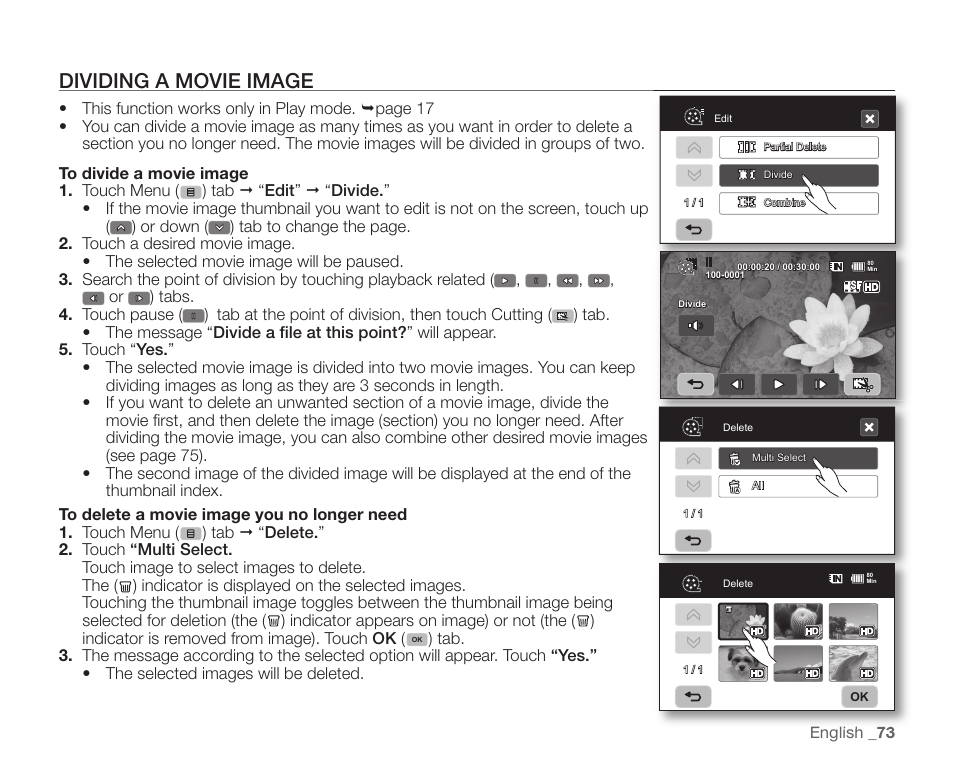 Dividing a movie image | Samsung SC-HMX10C-XAA User Manual | Page 85 / 124