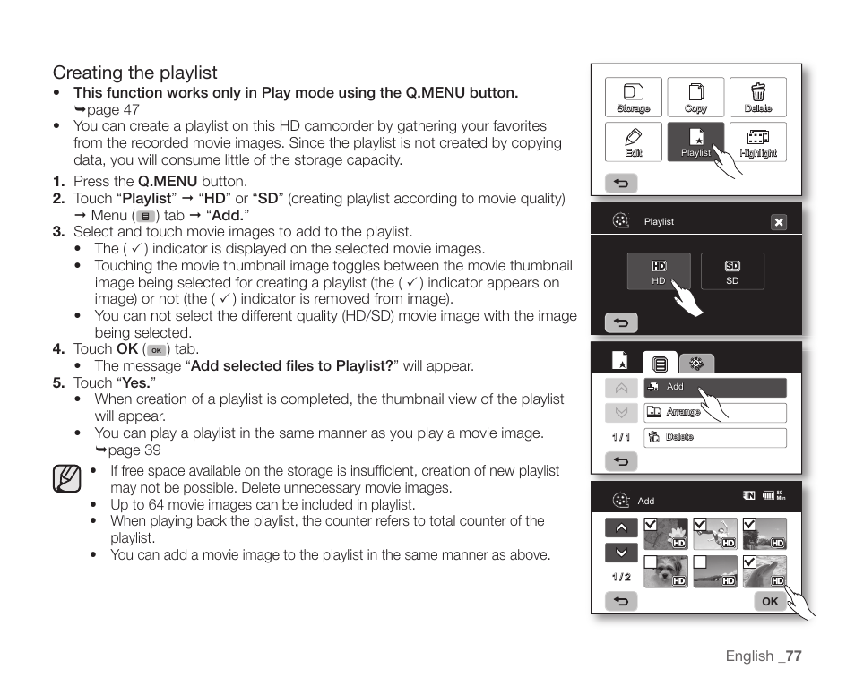 Creating the playlist | Samsung SC-HMX10C-XAA User Manual | Page 89 / 124