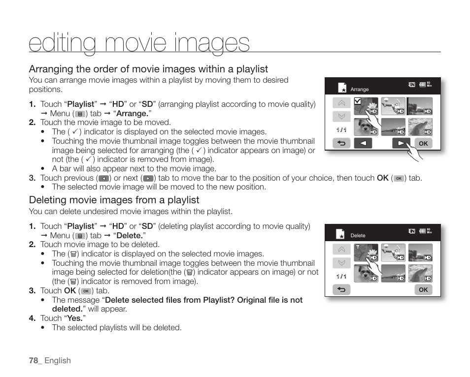 Editing movie images, Deleting movie images from a playlist | Samsung SC-HMX10C-XAA User Manual | Page 90 / 124