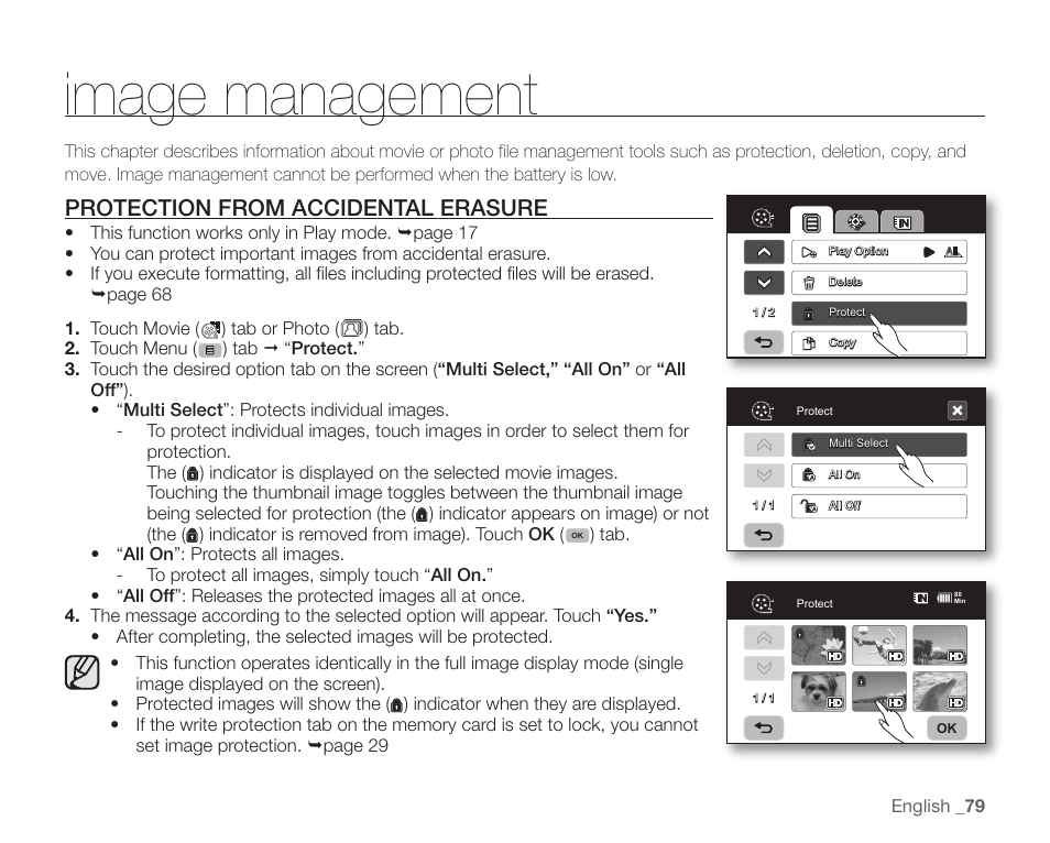 Image management, Protection from accidental erasure | Samsung SC-HMX10C-XAA User Manual | Page 91 / 124