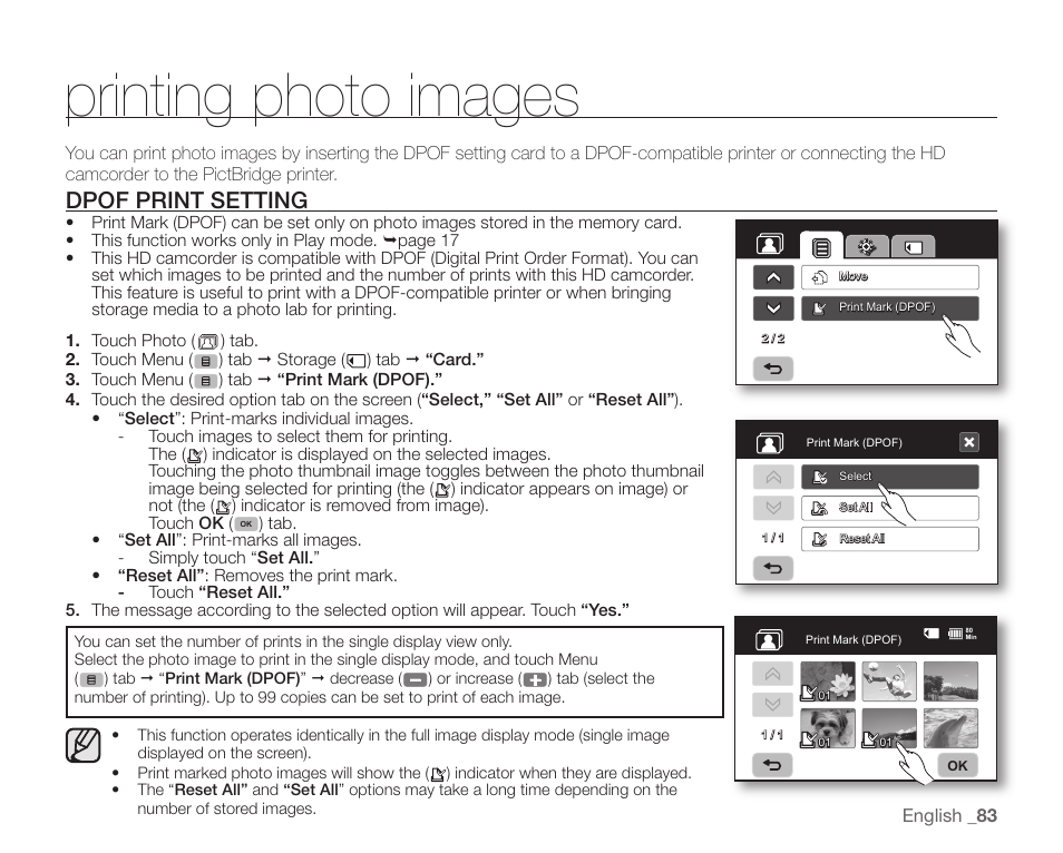 Printing photo images, Dpof print setting | Samsung SC-HMX10C-XAA User Manual | Page 95 / 124