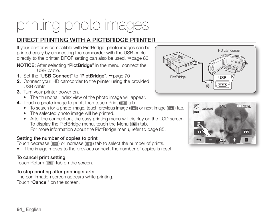 Direct printing with a pictbridge printer, Printing photo images | Samsung SC-HMX10C-XAA User Manual | Page 96 / 124