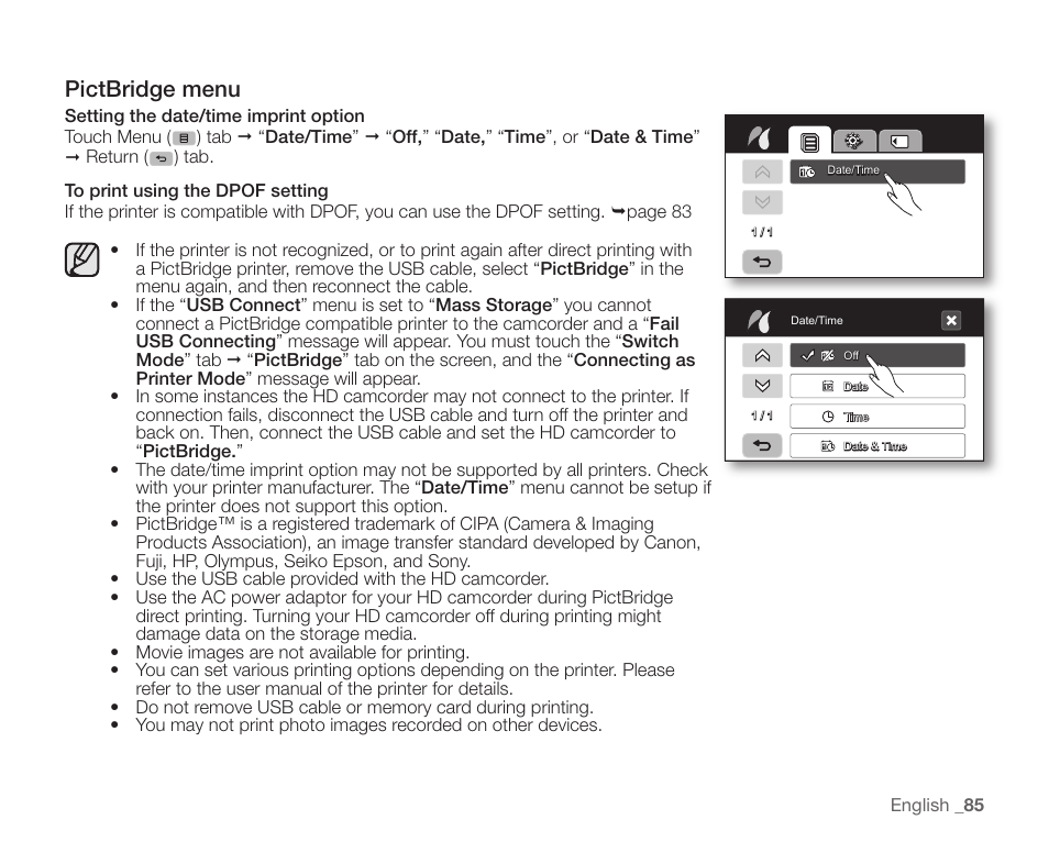 Pictbridge menu | Samsung SC-HMX10C-XAA User Manual | Page 97 / 124