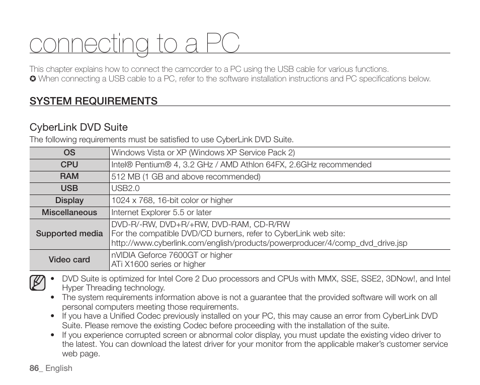 Connecting to a pc, System requirements | Samsung SC-HMX10C-XAA User Manual | Page 98 / 124