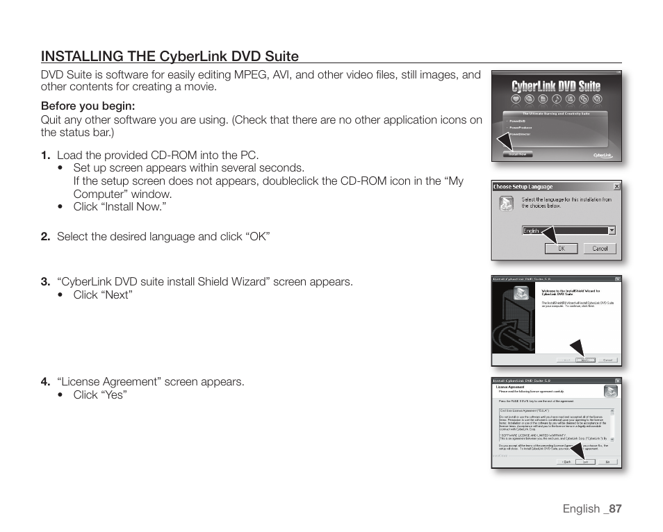 Installing the cyberlink dvd suite | Samsung SC-HMX10C-XAA User Manual | Page 99 / 124