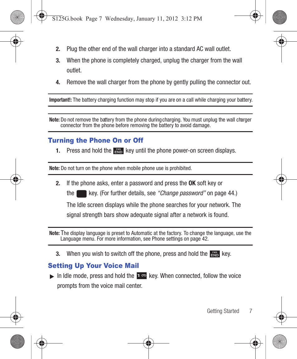 Turning the phone on or off, Setting up your voice mail | Samsung SGH-S125ZSATFN User Manual | Page 13 / 77