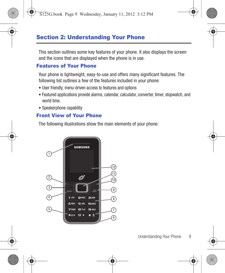 Section 2: understanding your phone, Features of your phone, Front view of your phone | Features of your phone front view of your phone | Samsung SGH-S125ZSATFN User Manual | Page 15 / 77