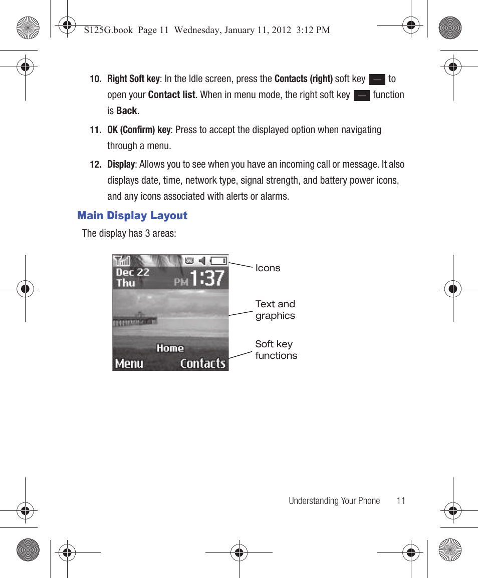 Main display layout | Samsung SGH-S125ZSATFN User Manual | Page 17 / 77