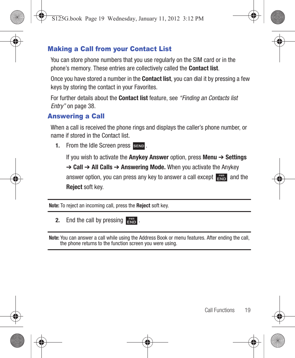 Making a call from your contact list, Answering a call | Samsung SGH-S125ZSATFN User Manual | Page 25 / 77