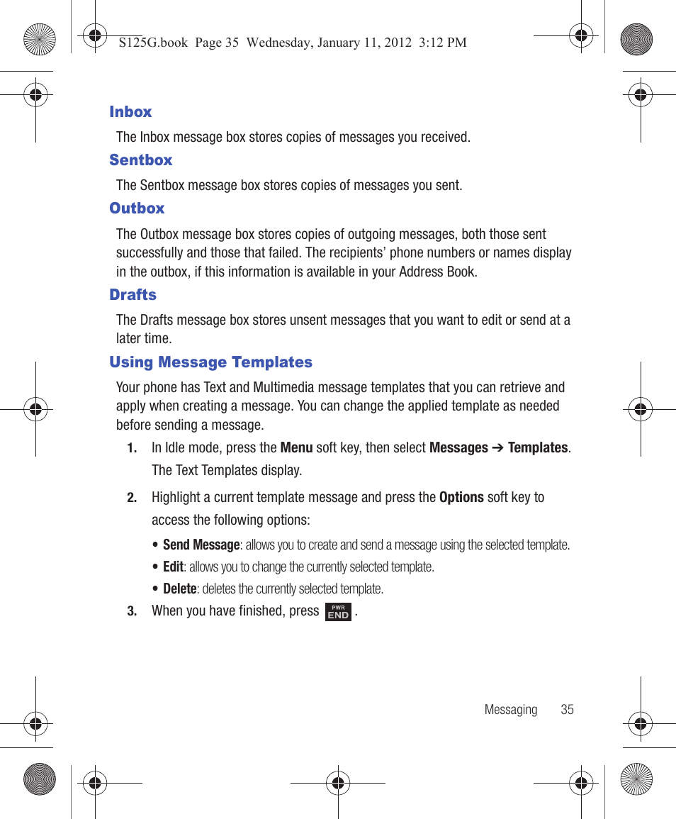 Inbox, Sentbox, Outbox | Drafts, Using message templates | Samsung SGH-S125ZSATFN User Manual | Page 41 / 77