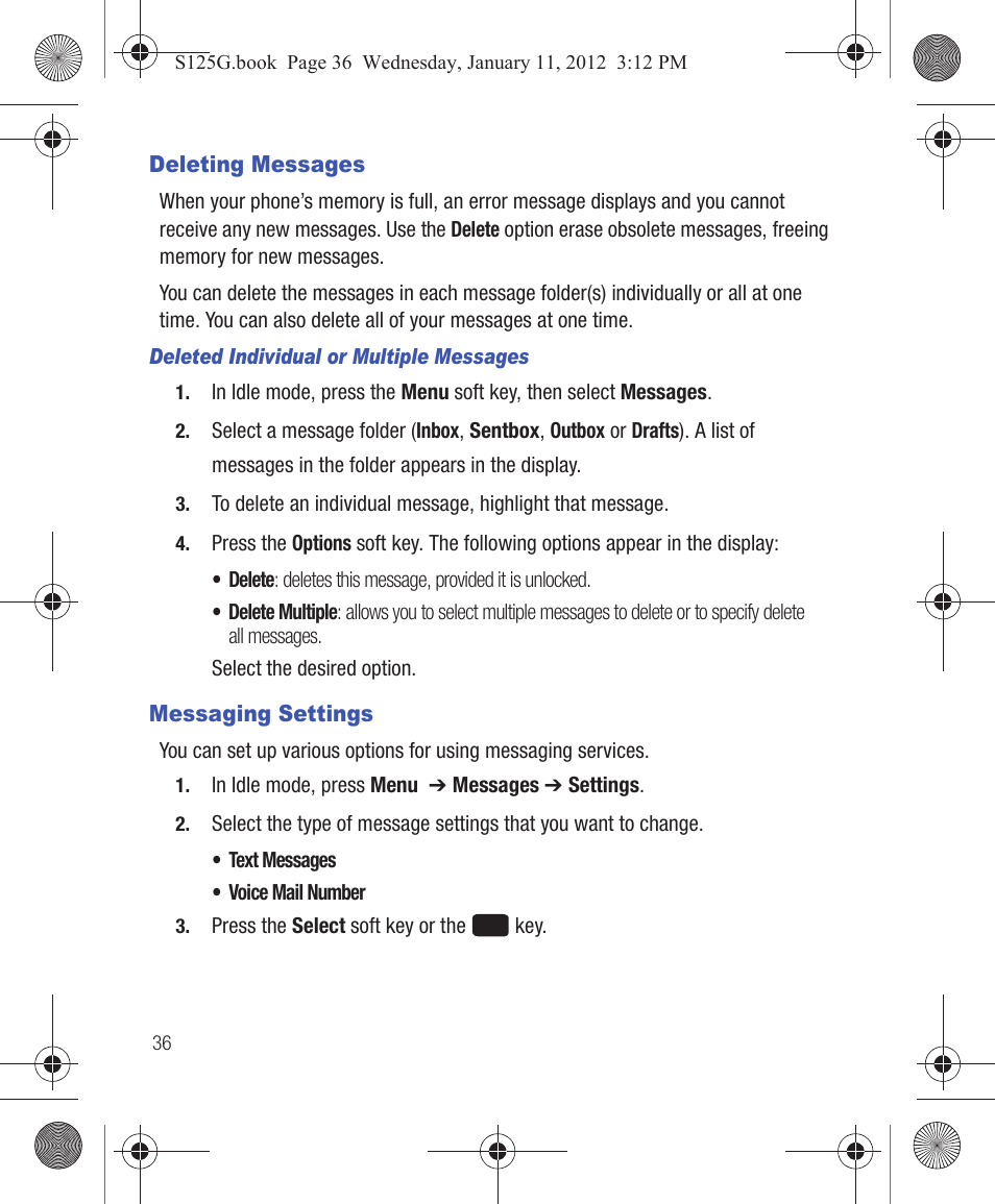 Deleting messages, Messaging settings, Deleting messages messaging settings | Samsung SGH-S125ZSATFN User Manual | Page 42 / 77