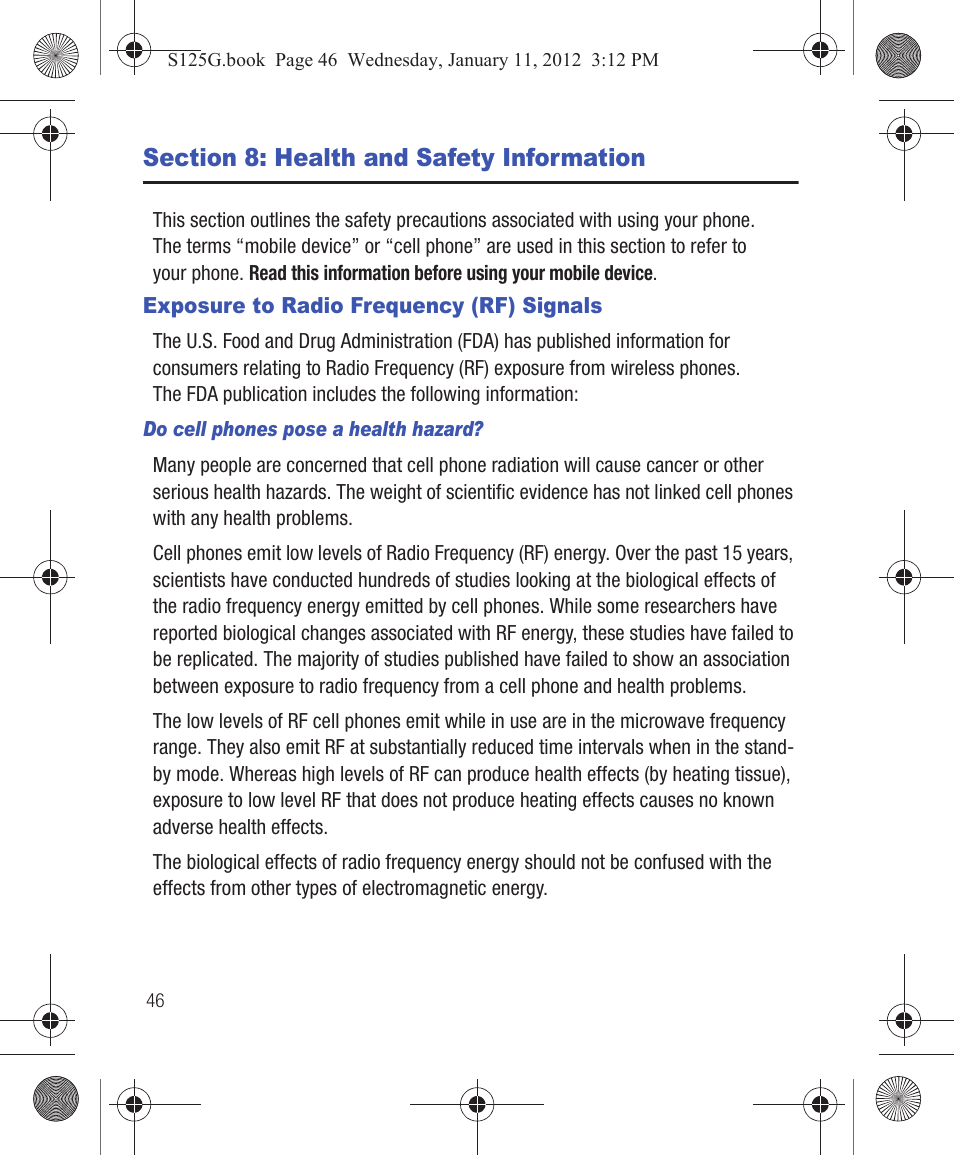 Section 8: health and safety information, Exposure to radio frequency (rf) signals | Samsung SGH-S125ZSATFN User Manual | Page 52 / 77